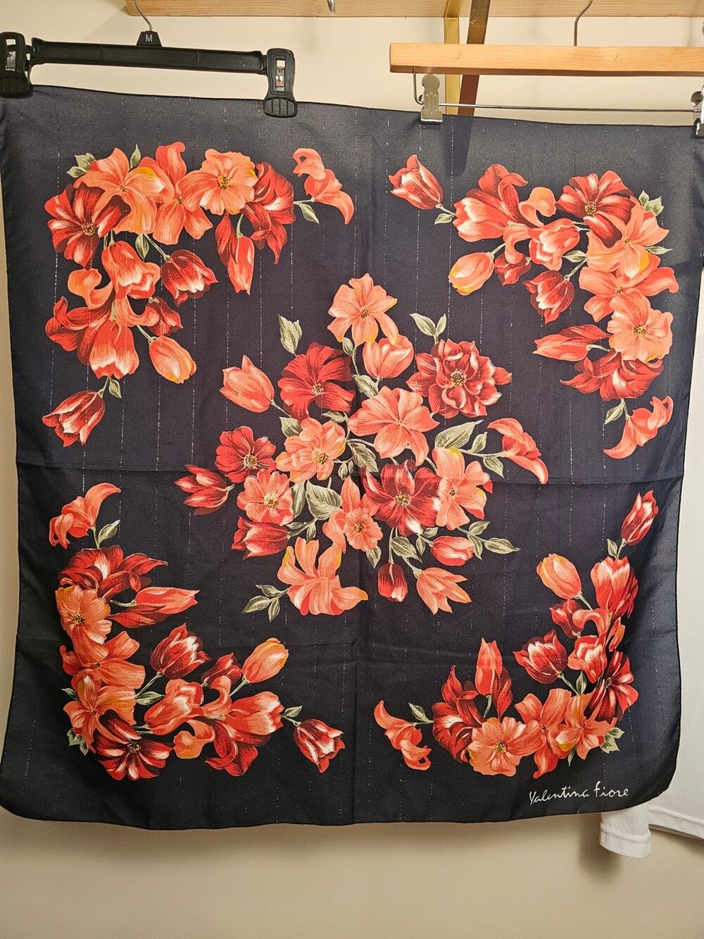 Valentina Fiore Floral Scarf - Navy with Coral Red Flowers